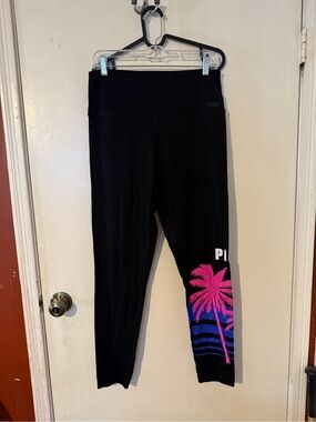 PINK Victoria's Secret Black Leggings with Pink Palm and Blue Stripes